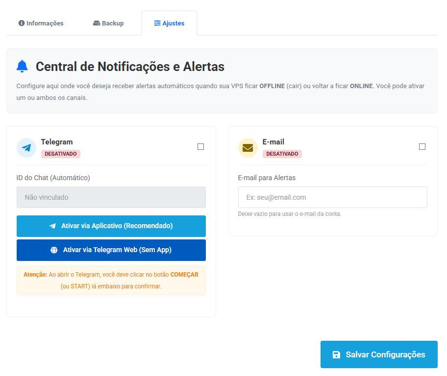 Alertas inteligentes do painel VPS AyooCloud